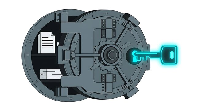 Secure digital vault with glowing key unlocking data storage