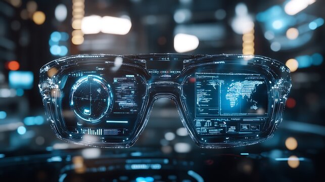 Smart glasses displaying holographic digital interface with data visualization and global map projection on dark blurred background in modern studio