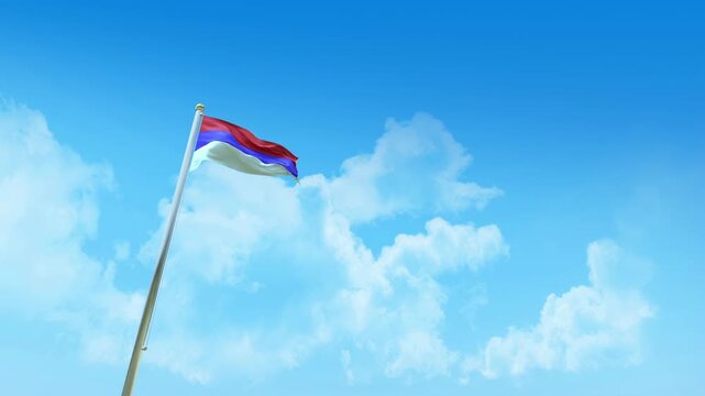 Republic of Srpska Flag 3D Render Animation on Pole with Blue Sky and Clouds - Low Angle View