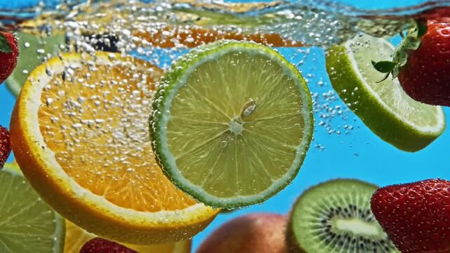 Slow-motion close-up of a fresh lime slice dropping into clear water alongside floating orange slices, strawberries, blueberries, and kiwi, creating vibrant bubbles against a bright blue background.