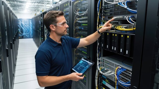 IT technician working in a modern data center with servers and cables.