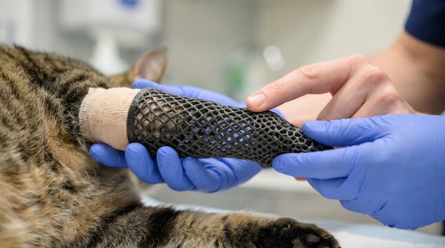 Veterinary technician checks a 3d printed splint on an injured cat leg for healing support