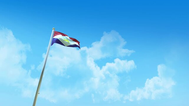 Saba Flag 3D Render Animation on Pole with Blue Sky and Clouds - Low Angle View