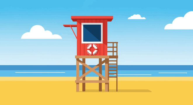 Minimalist flat vector illustration featuring a red lifeguard tower standing on a sandy beach against a blue ocean and sky background