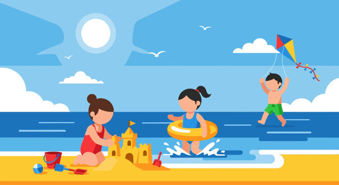 Happy children playing on a sunny beach with sandcastles, floating rings, and a colorful kite in a summer vacation scene