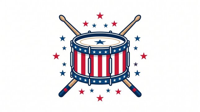 Traditional patriotic marching drum decorated with red white and blue colors for Independence Day parade celebration isolated on white background