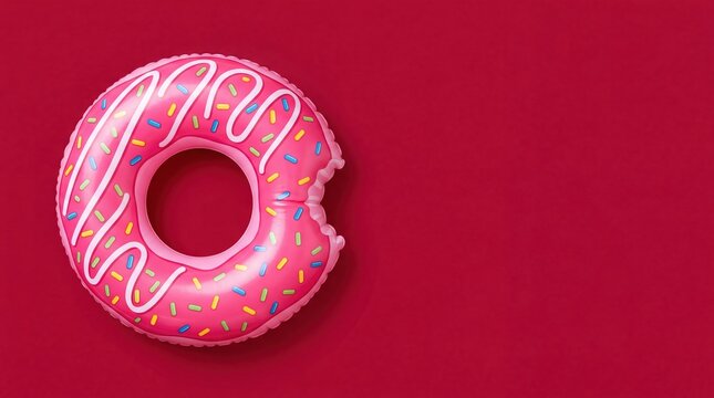 Pink donut inflatable pool float resting on a vibrant red background for summer