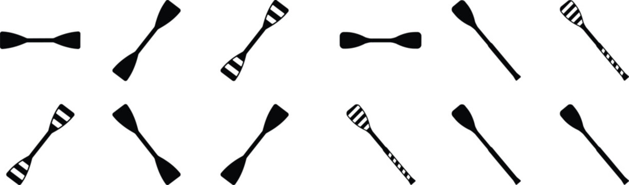 Rowing oars and paddle icons set for water sports kayaking canoeing and nautical equipment designs in black.