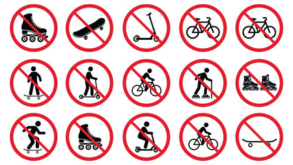 Ban Rollerskate Silhouette Icon Set, Bike Forbidden Pictogram, Skateboard, Roller Skate and Kick Scooter Symbols, Permitted Green Icons and No Skating Signs Collection ©  