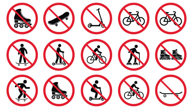 Ban Rollerskate Silhouette Icon Set, Bike Forbidden Pictogram, Skateboard, Roller Skate and Kick Scooter Symbols, Permitted Green Icons and No Skating Signs Collection