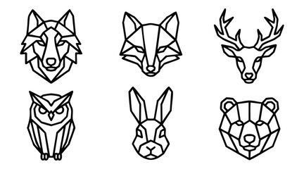 Fototapeta premium Geometric vector illustration set featuring minimalist stylized animal heads created with clean bold black lines