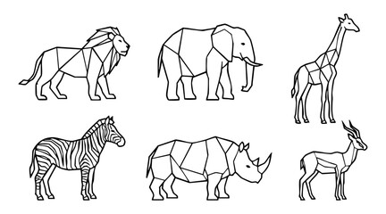 Minimalist vector illustration set featuring geometric wild animals including a lion elephant giraffe zebra and rhino © Duel