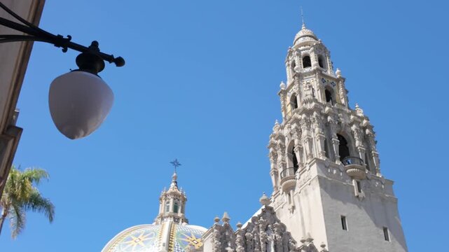Gimbal close-up panning shot of the California Building and Tower at Balboa Park in San Diego, California. 4K
