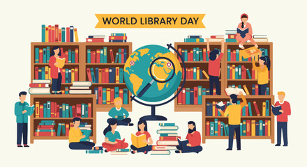 People reading around globe and bookshelves on World Library Day © Barkun