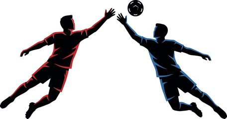 Two soccer players jumping to headbutt a ball in mid air © Varadilladtr