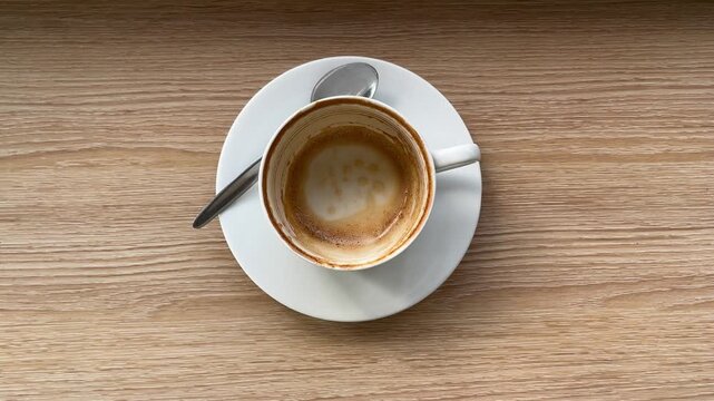 close up view of empty coffee cup after drinking. white cup or mug with spoon. stainless steel, gray, grey. wooden table. Cafe, coffe shop, restaurant. copy space, empty, free, negative, text, design.