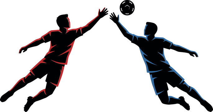 Two soccer players jumping to headbutt a ball in mid air