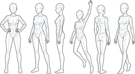 Fototapeta premium Anime style female character body base template, front, side and back view, full body proportions for drawing reference transparent background