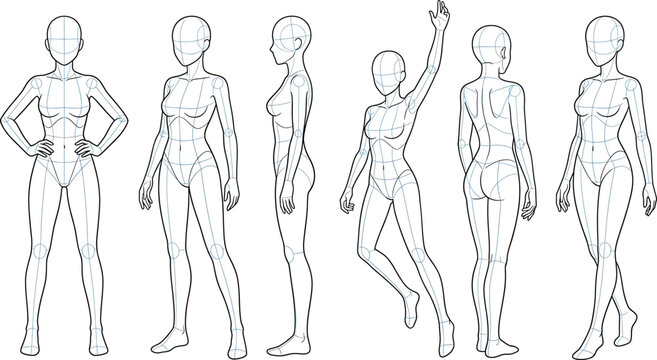 Anime style female character body base template, front, side and back view, full body proportions for drawing reference transparent background