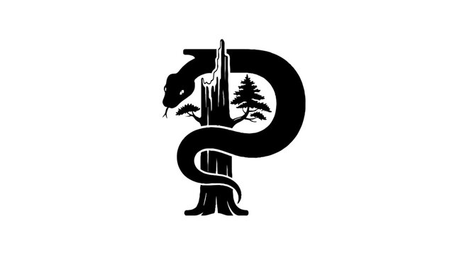 Stylized Letter P with Snake and Tree Design.