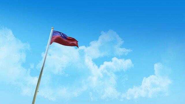 Samoa Flag 3D Render Animation on Pole with Blue Sky and Clouds - Low Angle View
