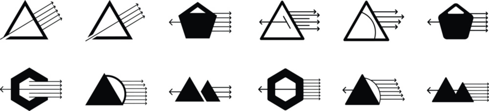 Prism icon set light refraction dispersion optical physics science education vector.