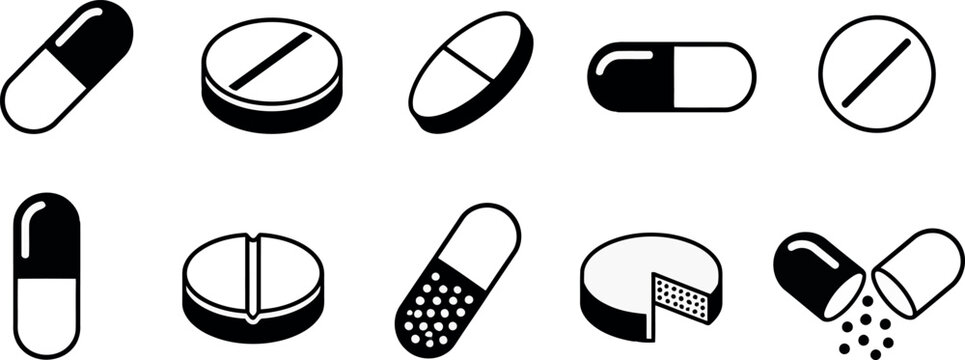Medicine pills and capsules icon set isolated on white