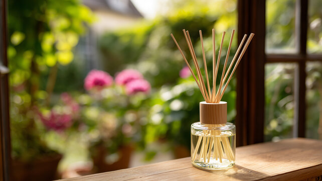 A reed diffuser is prominently featured in this eye level, detailed shot, positioned on a light brown wooden table. the diffuser has a clear glass container holding. Ai generated