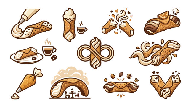 Collection of delicious Italian cannoli desserts with cream filling and coffee, presented in various artistic styles.