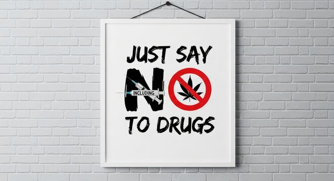 Just say no to drugs motivational framed poster mock up hanging on white brick wall background template