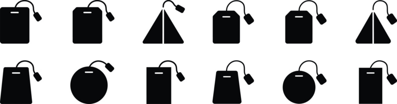 Tea bag icons set for beverage preparation showing various shapes like square pyramid and round styles.