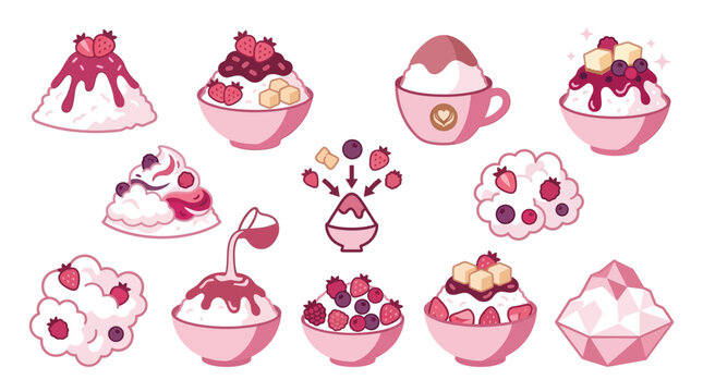 Collection of cute pink shaved ice desserts with various toppings like berries and syrup.