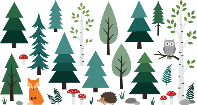 Geometric woodland forest vector set with minimalist pine trees, birch trunks, cute flat style fox, owl, hedgehog, wild amanita mushrooms, and green fern foliage elements.