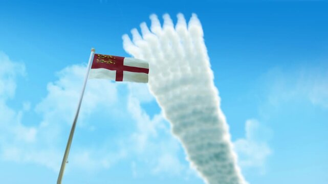 Sark Flag 3D Render Animation on Pole with Fighter Jets Smoke Trails in Blue Sky - Low Angle View