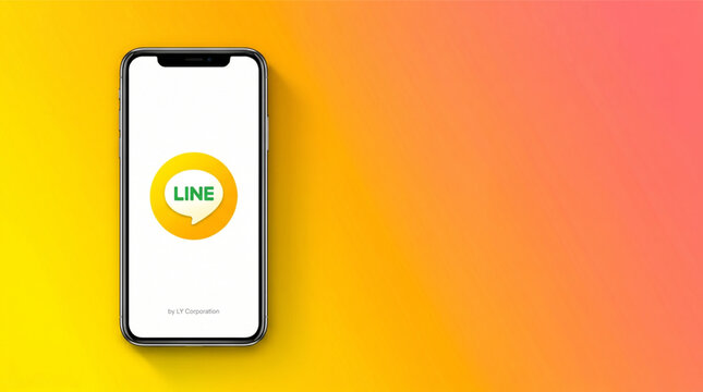 Smartphone mockup featuring the LINE messenger app by LY Corporation on the screen display. Modern mobile device isolated on vibrant yellow orange and pink gradient background for web design.