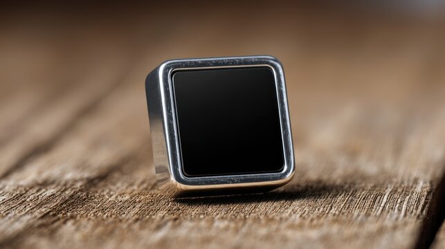 Metallic square object on wood