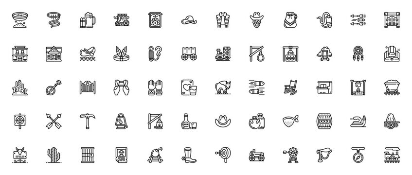 Wild West icon set. Vector icon pack. Minimalist symbols. Featuring dirt, lasso, beer, cart, cowboy hat, skull, boot, saloon, wagon, train, cactus and more. Editable vector stroke.