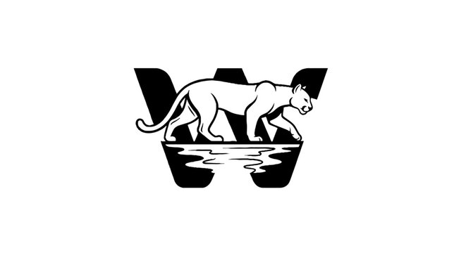 Black and white panther logo with water reflection.