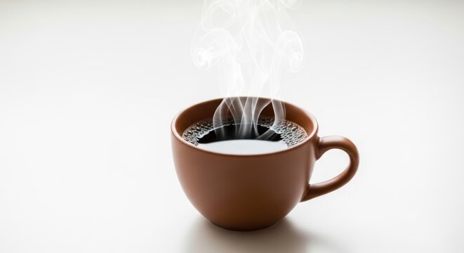 Steaming black coffee in brown ceramic mug.