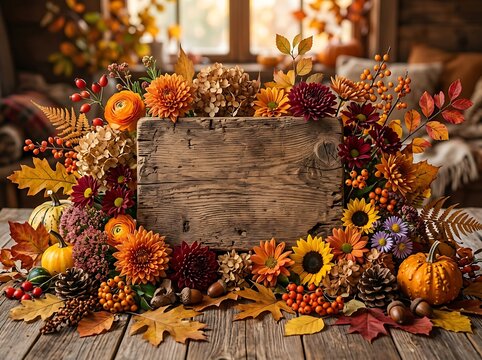 Blank wooden sign with rustic autumn floral arrangement pumpkins and fall leaves