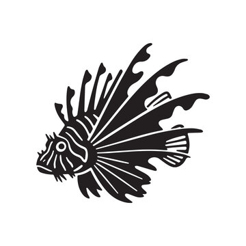Black and White Silhouette Vector Illustration of a Venomous Exotic Lionfish Swimming. 