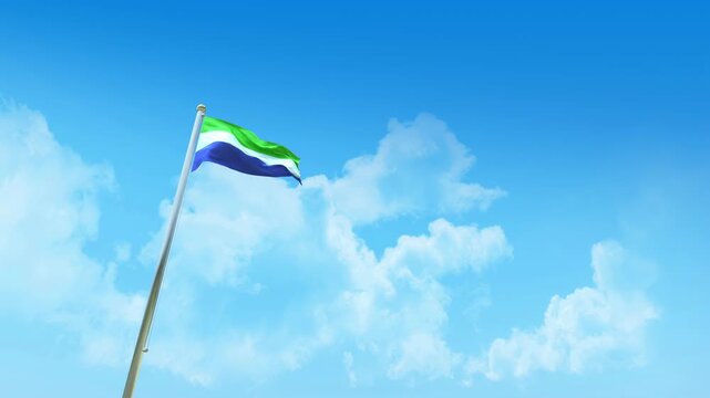 Sierra Leone Flag 3D Render Animation on Pole with Blue Sky and Clouds - Low Angle View