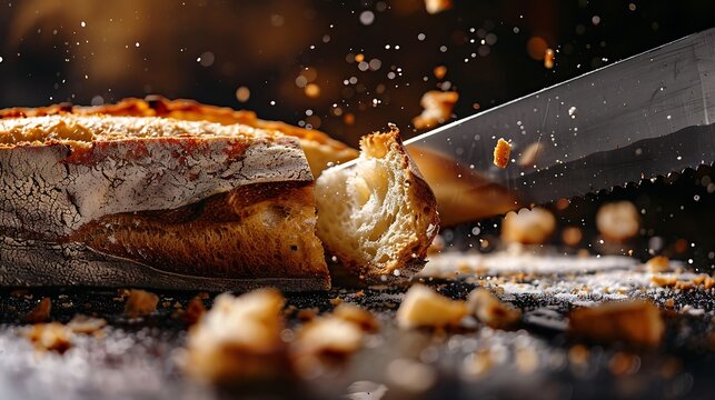 Crusty bread loaf sliced with knife crumbs flying rustic artisan golden brown baked food preparation dynamic motion