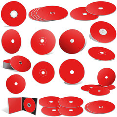 Fototapeta premium Abstract red CD disks and boxes on white background.