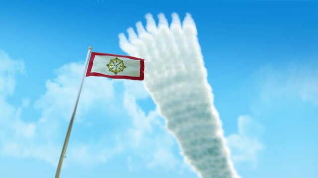 Sikkim Flag 3D Render Animation on Pole with Fighter Jets Smoke Trails in Blue Sky - Low Angle View