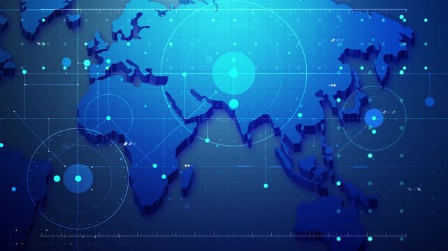 Futuristic world map interface featuring digital radar, network connections, and data visualization for global communication, cybersecurity, AI, and technology concepts