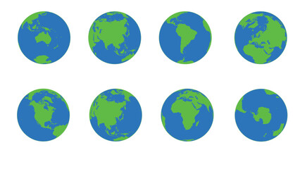 Set of flat vector illustrations of Earth globes showing different continents and regions. © AeRo Badger