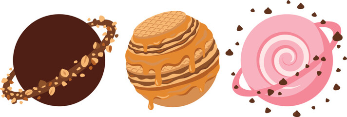 Surreal Sweet Dessert Planet Vector Set Featuring Chocolate Saturn with Nut Rings, Waffle Globe with Drizzled Caramel, and Pink Strawberry Swirl Planet © EdGe Creative