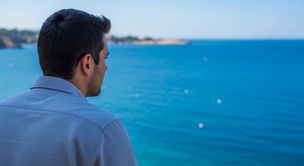 Fototapeta premium Man in blue shirt enjoying clear blue ocean view.