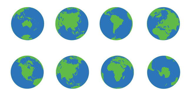 Set of flat vector illustrations of Earth globes showing different continents and regions.